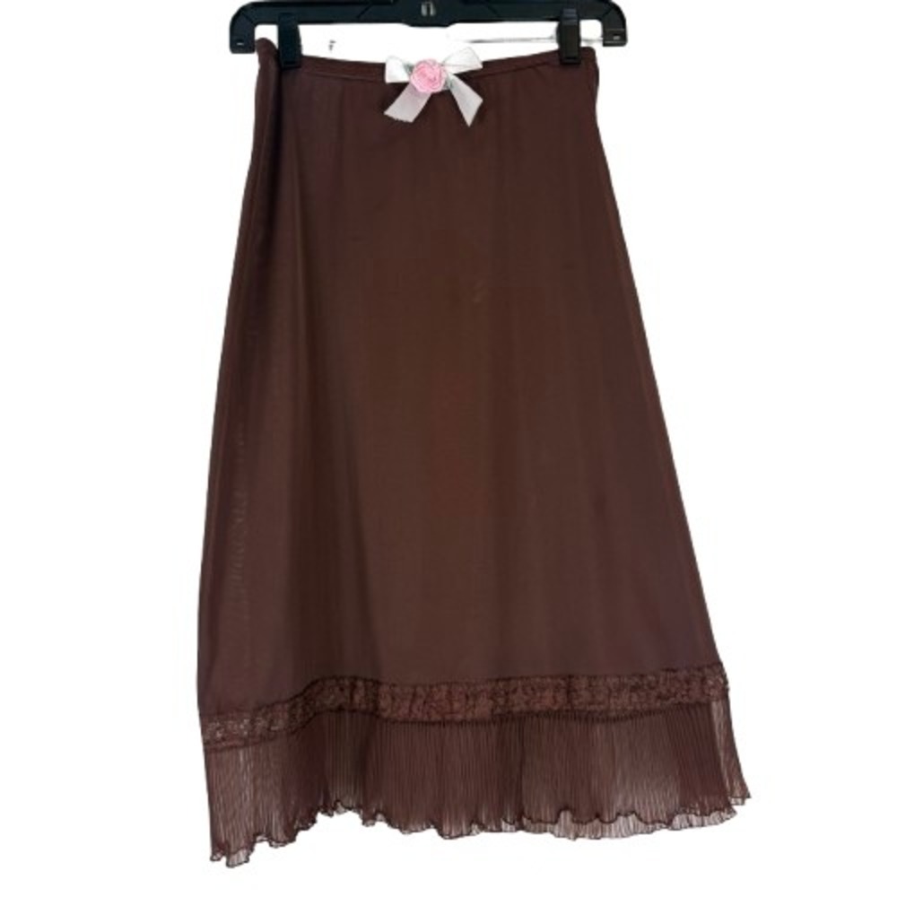 Vintage Vanity Fair Brown Nylon Tricot Slip Skirt Pleated Hem Rosette Size Small